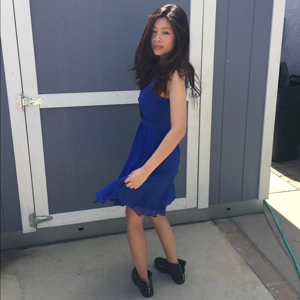 Blue chiffon summer dress w lace cutouts